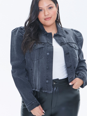 Plus Size Puff-sleeve Denim Jacket