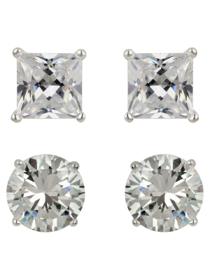 Sterling Silver Cubic Zirconia Duo Stud Earring Set 2pc - A New Day™ Clear