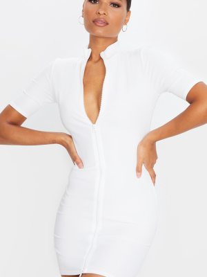 White Zip Front Rib Short Sleeve Bodycon Dress