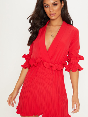 Red Frill Detail Pleated Skater Dress