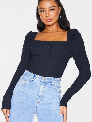 Black Textured Rib Puff Long Sleeve Bodysuit