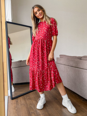 Stradivarius Midi Dress With Smock Detail In Red Floral