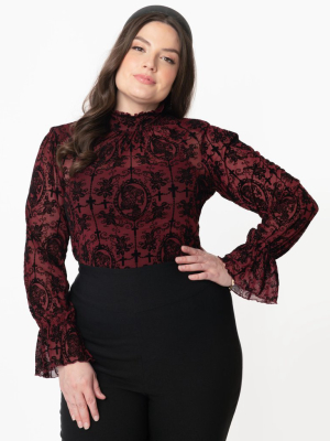 Unique Vintage Plus Size Burgundy & Black La Catrina Velvet Burnout Donna Blouse