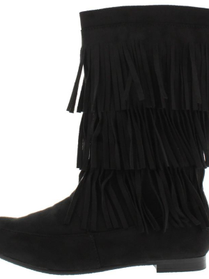 Starcy88a Black 3 Tier Fringe Mid Calf Boot