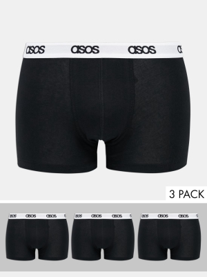 Asos Design 3-pack Boxer Briefs In Black With Branded Waistband