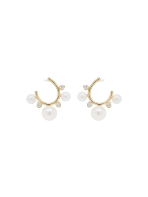 14k Graduated Pearl And Prong Set Diamond Front To Back Circle Hoops