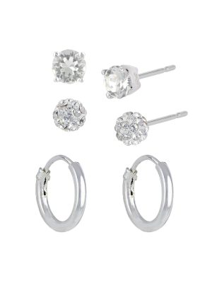 Women's Sterling Silver Crystal Fireball Stud Earrings And Endless Hoop Earring Set 3pc - A New Day™ Silver/clear