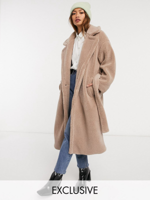 Native Youth Oversized Belted Coat In Teddy