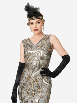 Unique Vintage 1920s Beige & Gold Sequin Bergere Flapper Dress