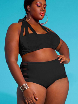 Plus Size Mesh Panel High Waist Halter Bikini Swimsuit - Two Piece Set