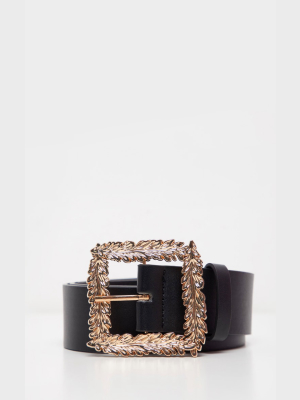 Black Wide Waist Belt With Gold Leaf Effect Buckle