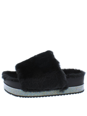 Cecillia09cl Black Faux Fur Rhinestone Platform Slide Sandal