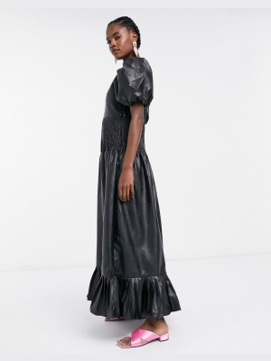 Ghospell Maxi Dress With Shirred Waist In Faux Leather