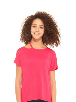 Terez X Theme Girls Hot Pink Cut Out Cold Shoulder Tee