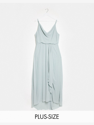 Tfnc Plus Bridesmaid Cowl Neck Cami Strap Maxi Dress With Train In Sage