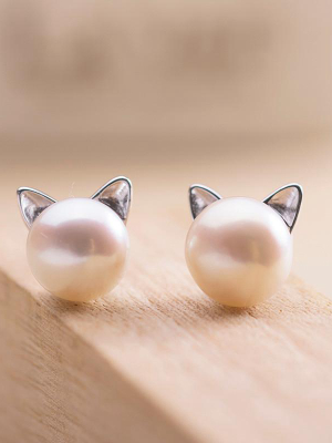 Twin Kitty Kat Pearl Earrings