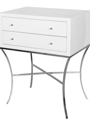 Two Drawer Side Table In White Lacquer With Nickel Base