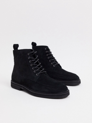 Walk London Slick Heritage Lace Up Boots In Black Suede