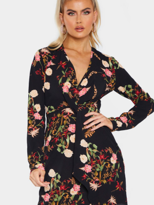 Tall Black Print Satin Long Sleeve Wrap Dress