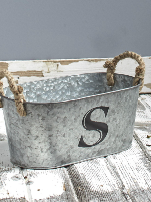 Lakeside Galvanized Metal Monogram Bucket - Rustic Storage Bin With Rope Handles