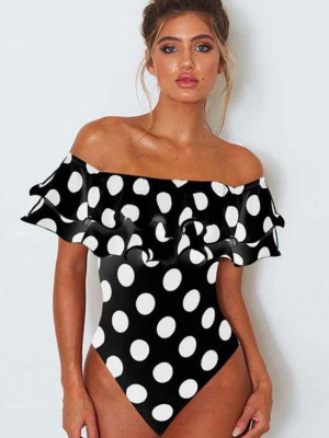 Vintage Polka Dot Off The Shoulder One Piece Swimsuit