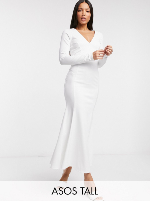 Asos Design Tall Midi Body-conscious Dress With Fishtail And V Neck In Ivory