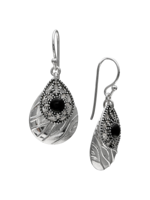 Women's Polished And Textured Teardrop Earrings In Sterling Silver - Silver/black (34mm)