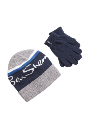 Kids' Jacquard Logo Hat & Gloves Set - Grey With Blue Stripe & White