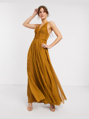 Asos Design Ruched Bodice Soft Cami Maxi Dress With Raw Edge Detail