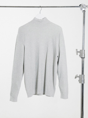 Pull&bear Mock Neck Ribbed Sweater In Gray