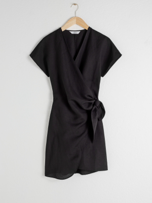 Linen Blend Wrap Mini Dress