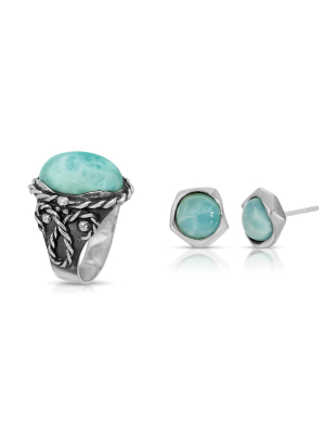 Larimar Braided Ring + Geometric Larimar Earrings