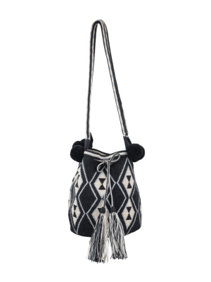 Luxe B&w Mochila Bag With Pom Poms