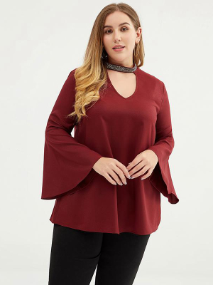 Plus Size Women 3/4 Flare Sleeve Solid Color T-shirt