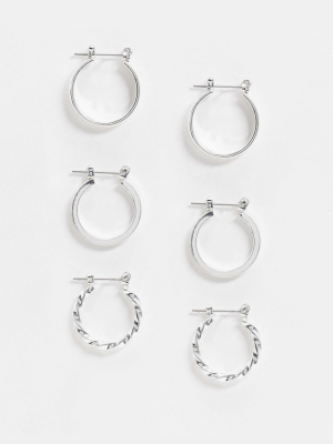 Asos Design Pack Of 3 20mm Hoop Earrings In Silver