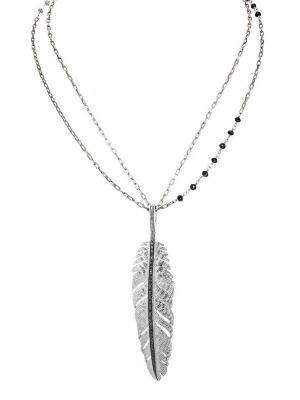 Feather 68mm Pendant Necklace With Black Diamonds