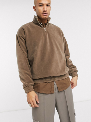 Asos Design Oversized Polar Fleece Half Zip Sweatshirt In Brown