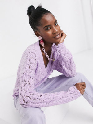 Asos Design Fluffy Stitch Detail Cardigan In Lilac