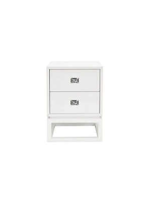 Oliver 2 Drawer White Lacquer Side Table W/ Nickel Campaign Hardware