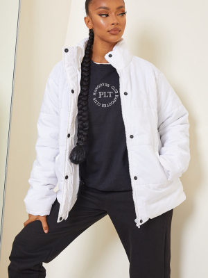 White Basic Panel Zip Up Puffer