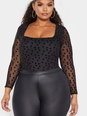 Plus Black Polka Dot Mesh Square Neck Bodysuit