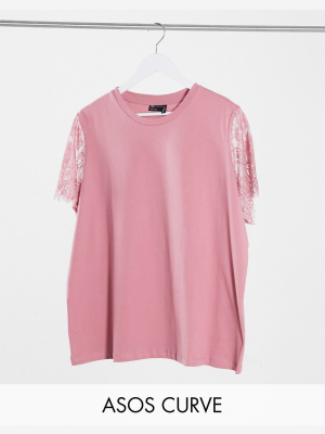 Asos Design Curve T-shirt With Lace Sleeve Detail In Dusty Pink