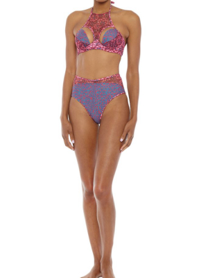 Nissa High Neck Cut Out Underwire Bikini Top - Pink & Purple Abstract Print