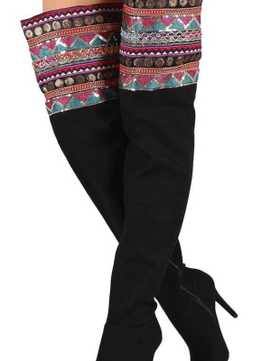 Dedicate64s Black Aztec Embroidered Thigh High Boot