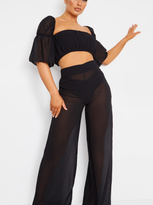 Black Linen Look Wide Leg Beach Pants