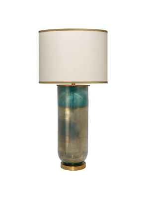 Vapor Table Lamp, Large In Aqua Glass With Large Drum Shade In Cream Silk In Golden Beige Silk Trim