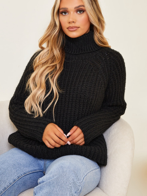 Black Chunky Soft Knitted Slouchy Roll Neck Jumper