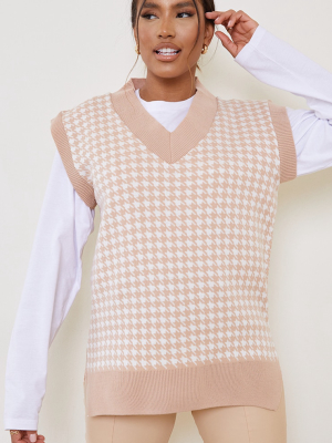 Nude Dogstooth V Neck Knitted Side Split Vest