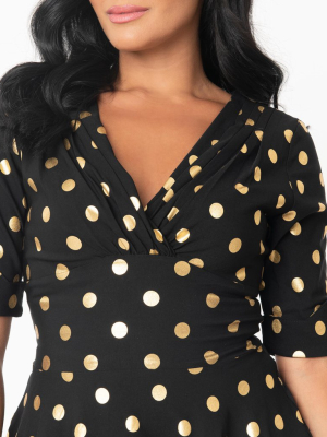 Unique Vintage 1950s Black & Gold Dot Delores Swing Dress With Sleeves