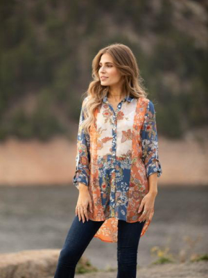 Floral Mix Media Button Front Tunic Blouse